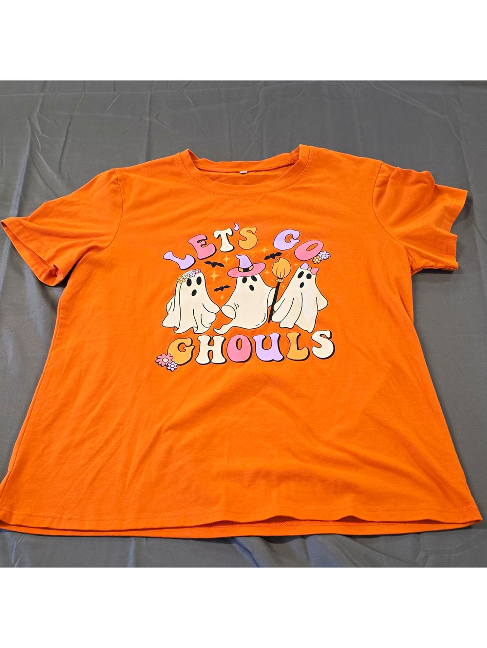 Womens L Orange "Let's Go Ghouls" Ghost Graphic Crew Neck Short Sleeve Tee
